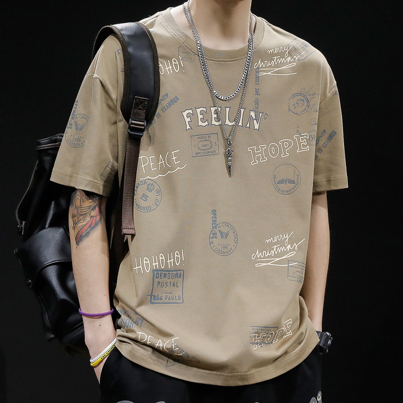 Summer New Short-Sleeved Men's T-Shirt Trendy Korean Style Printed Half-Sleeve Clothing ins Style Loose Round Neck Youth Top