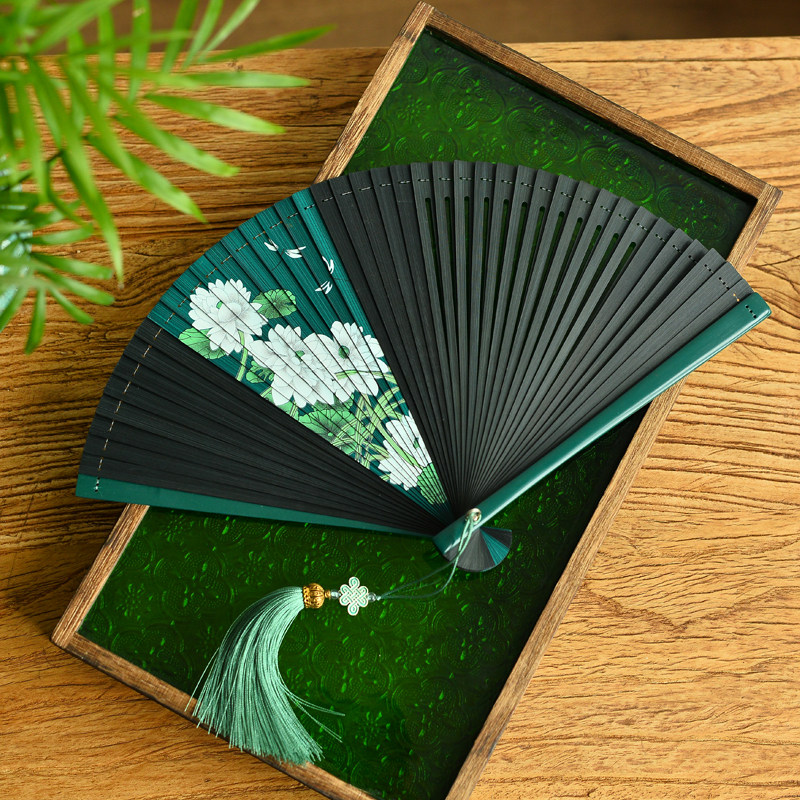 Ancient style folding fan dance with Japanese style Hanfu full bamboo and white lotus double-sided dance Chinese style retro cheongsam photo