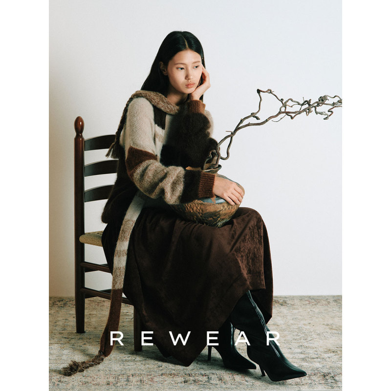 [Same Style as Li Yunxiao] Rewear/Wool Mohair Color Block Patchwork Scarf and Sweater Two-Piece Set 16189