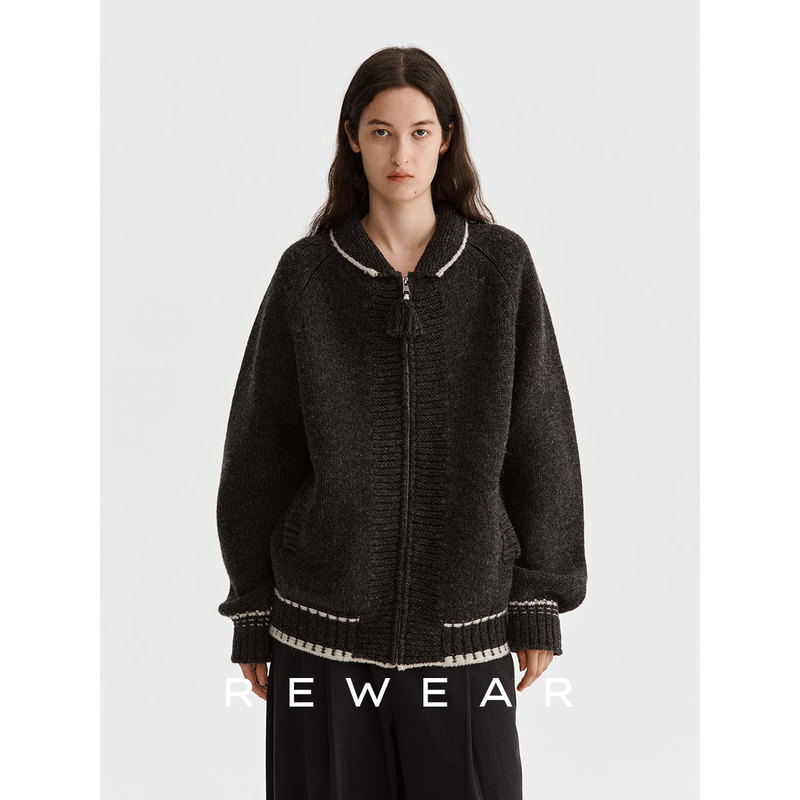 Rewear/Australian Imported Pure Wool Heavy-Duty Stand-Up Collar Tassel Zipper Color-Block Knit Cardigan 16164