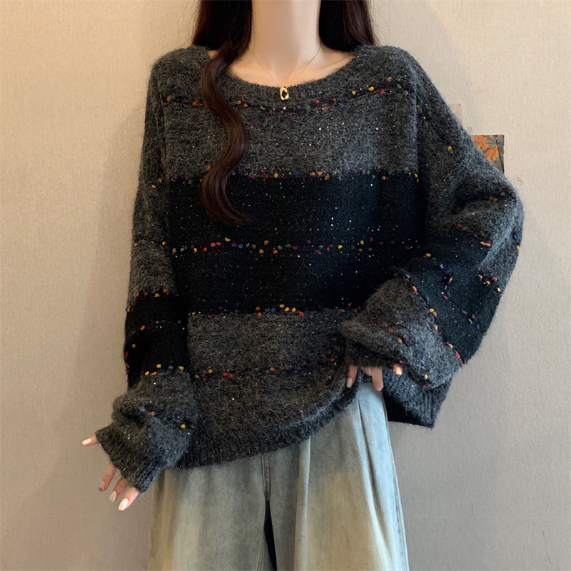 Plus Size Women's Loose, Relaxed, Striped Sweater for Autumn and Winter, Super Pretty and Shiny Knit Top for Chubby Girls