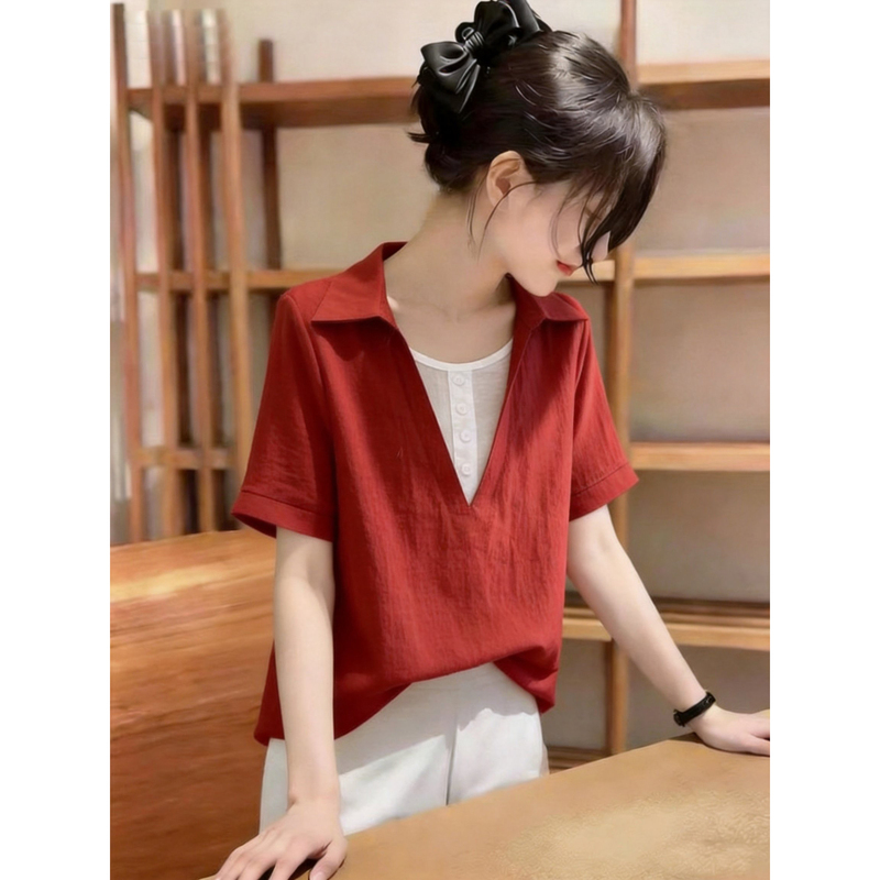 Designed with a Fake Two-Piece Look, Red V-Neck Short-Sleeve Shirt for Women, New Summer Style, Plus Size, Slimming, Tummy-Covering Top Designed with a Fake Two-Piece Look, Red V-Neck Short-Sleeve Shirt for Women, New Summer Style, Plus Size, Slimming, Tummy-Covering Top