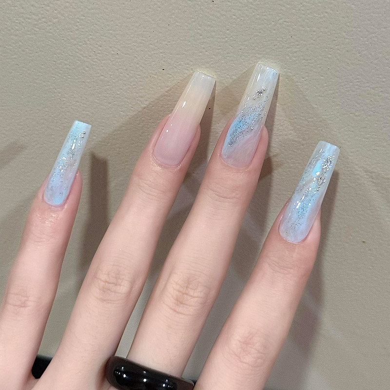 Summer Atmosphere, Clear Rice Coffee Blue Gradient Glitter Handmade Wearable Nails, Fresh and High-End Nail Art Patches Summer Atmosphere, Clear Rice Coffee Blue Gradient Glitter Handmade Wearable Nails, Fresh and High-End Nail Art Patches