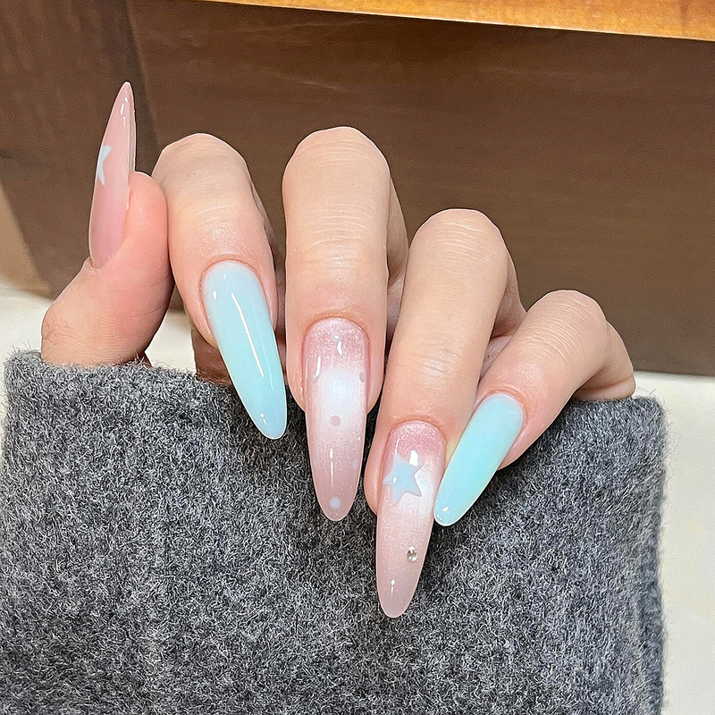 Summer Fresh Blue and Pink Color Scheme Cat-Eye Press-On Nails with Blue Stars, Fairy-Like, Brightening Effect, Pure Handmade Nail Art, Fake Nail Tips