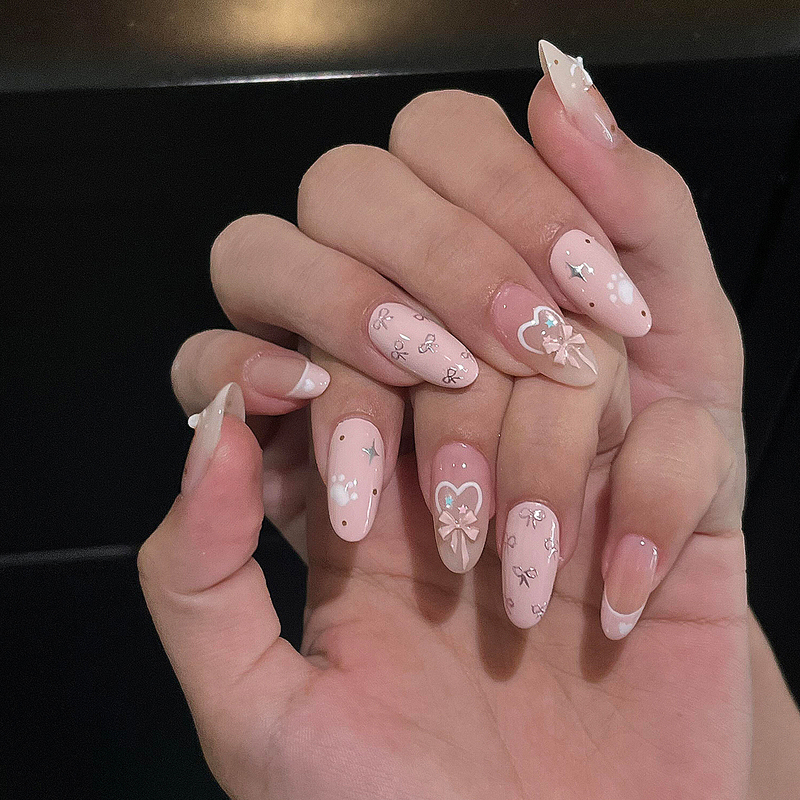 Pink Leather Nail Art with Heart Bow, Handmade Wearable Nails, Finished Nail Pieces, Detachable, Brightening Fake Nail Pieces Pink Leather Nail Art with Heart Bow, Handmade Wearable Nails, Finished Nail Pieces, Detachable, Brightening Fake Nail Pieces