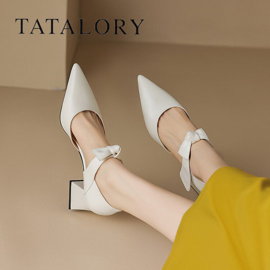 TATALORY versatile handmade one-length belt bow bag sandals for women thick heel pointed toe bag hollow single shoes for women