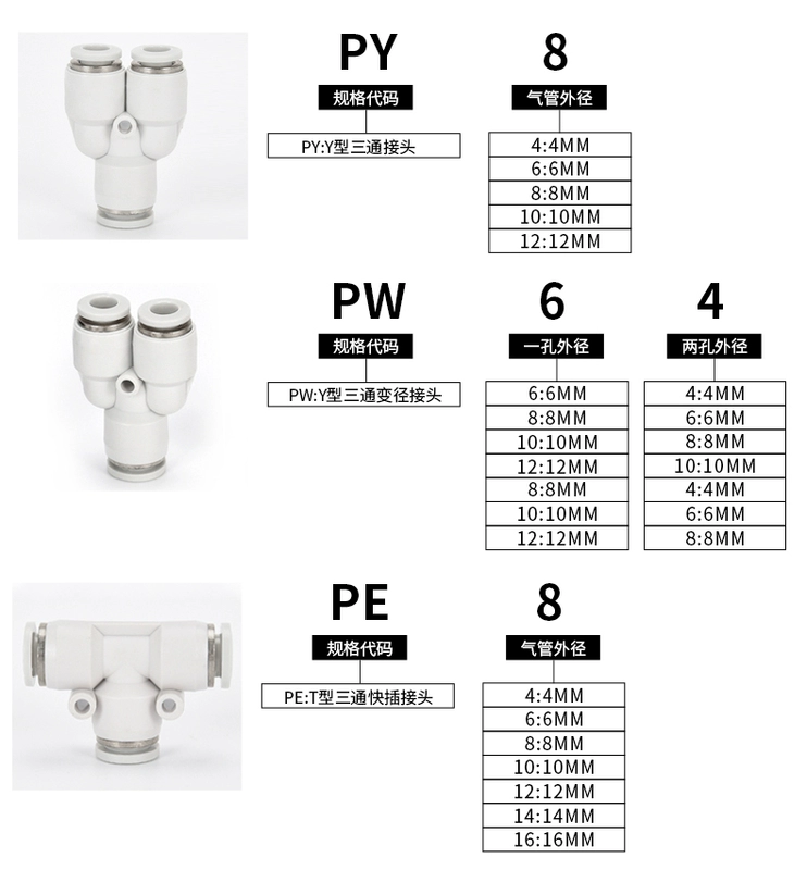 Khí quản khí nén PU xuyên thẳng PE tee cắm nhanh PY đầu nối màu trắng PV khuỷu tay 4/6/8/10/12/16 đầu nối nhanh khí nén nitto cút nối khí nén