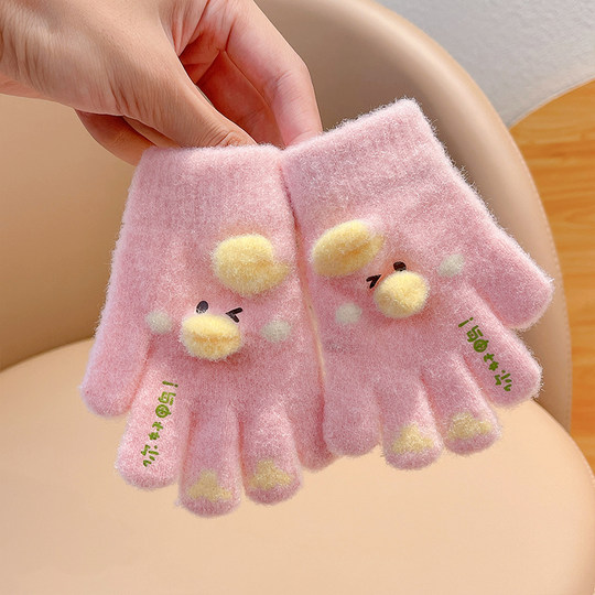 Children's winter gloves for girls, plus velvet to keep warm, cute cartoon five-fingered children, baby students, divided fingers 2024 new style