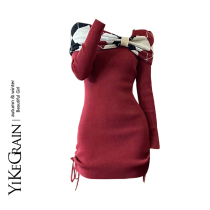 YiKeGra Christmas wardrobes hot girl with dress autumn and winter knit with hip shoulder cover red New Years Christmas dress