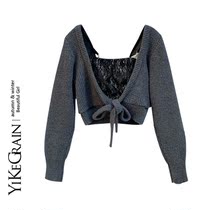 YiKeGrain Reverberations 2022 Spring Autumn New Product Design Sensation White Two Sides Wearing Lace Harness Short sweater