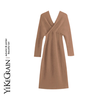 YiKeG autumn and winter new temperament V collar Waist Thickened Knit Dress dress Long style over kneecap hitch bottom sweater dress