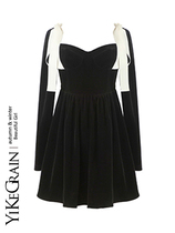 YiKeGrain earthly Hef-style Hepburn Black Black Velvet Dress Skirt Autumn Winter Temperament Little Black Dress Woman