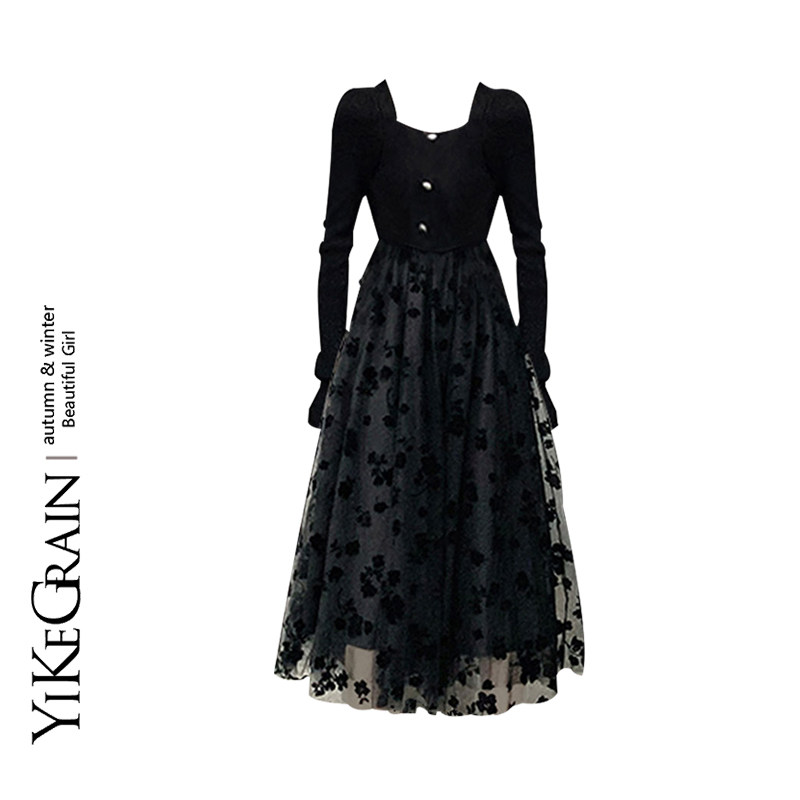 YiKeGrai rose web yarn dress women 2022 spring autumn new long sleeves knit skirts cashew high level sensation dresses