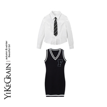 YiKeGr College Wind Black Knitted Dress Dress Woman Autumn Shirt Stack Wearing Skirt Suit Two Sets Of Hot Girl Temperament