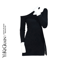 YiKeGr Christmas knit dress dress lady Winter new inner lap dresses retro external wearing hanging neck Shoulder Sweater Dress