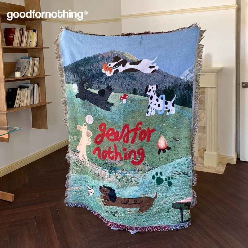 Goodfornothing Is a Place Where Nothing Is Good, a Puppy Paradise, a Vintage-Style Art Tapestry, Sofa Blanket, Knitted Throw Blanket
