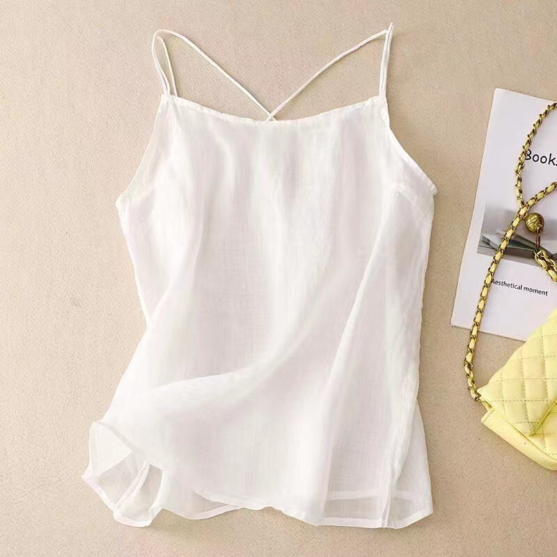 100% Combed Cotton Summer White Thin Cotton-Linen Camisole for Women, Cross-Back Loose Artistic Inner Top