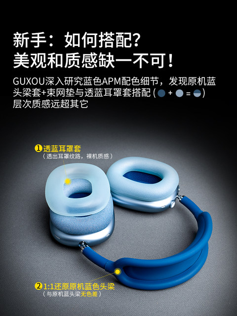 [Guxou New Product]Suitable for AirPods Max Original Blue Protective Set Apple Bluetooth Over-Ear Headphones Silicone Headband Headband Apm Decorative Accessories Max2 Ear Pads Ice-Clear Decoration