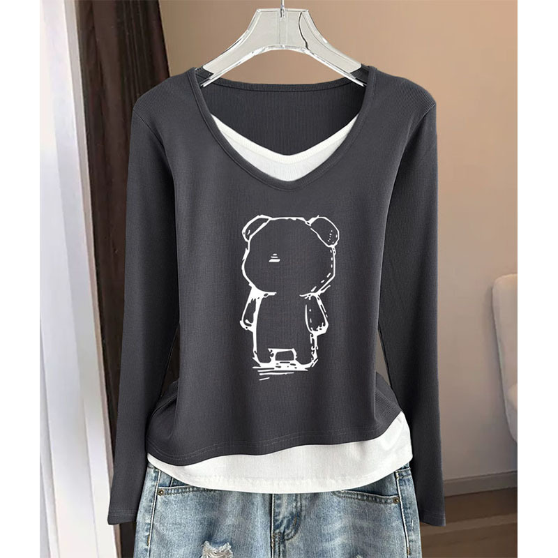Early Autumn New V-Neck Fake Two-Piece Regular Shoulder Long-Sleeve T-Shirt for Women, Pure Cotton, Age-Reducing, Fashionable Design Top, Base Shirt Early Autumn New V-Neck Fake Two-Piece Regular Shoulder Long-Sleeve T-Shirt for Women, Pure Cotton, Age-Reducing, Fashionable Design Top, Base Shirt
