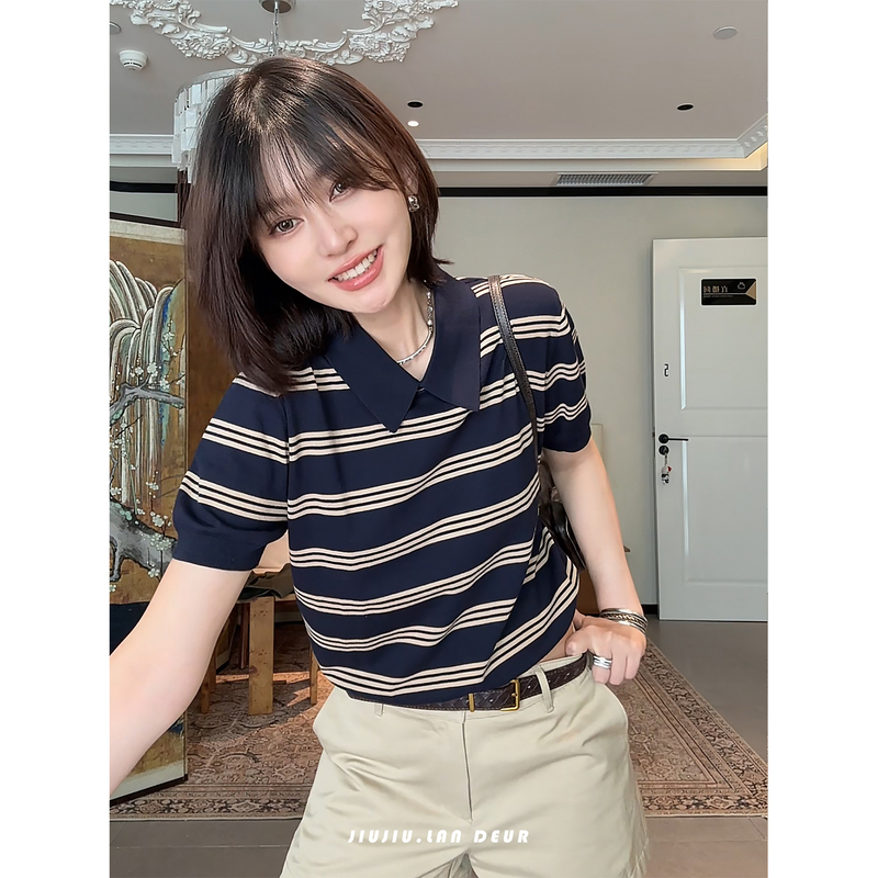 [Color Puzzle] Lyocell Fashion Casual Summer Striped Crew Neck Color-Block Comfortable Pullover Knit