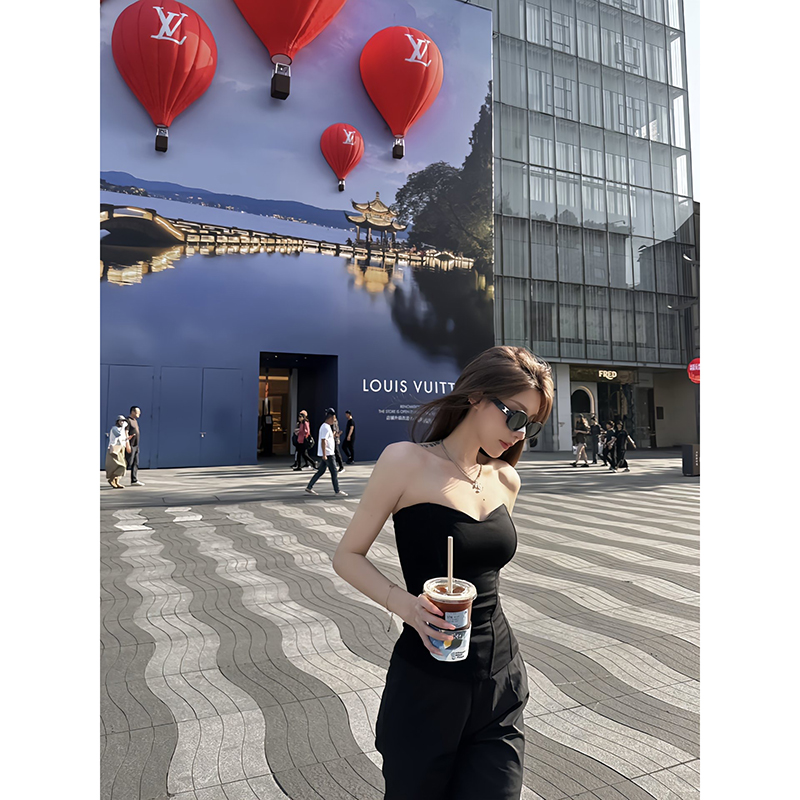 夏の女性向けのセクシーな黒のフィッシュボーンチューブトップ、新しい立体デザイン、スリムフィットの胸巻きベスト