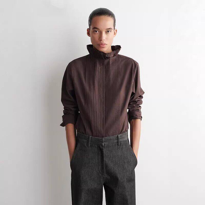 Cs Women's Clothing 2026 Spring New Product Pleated High Collar Long Sleeve Pure Cotton Casual Shirt 1336654002