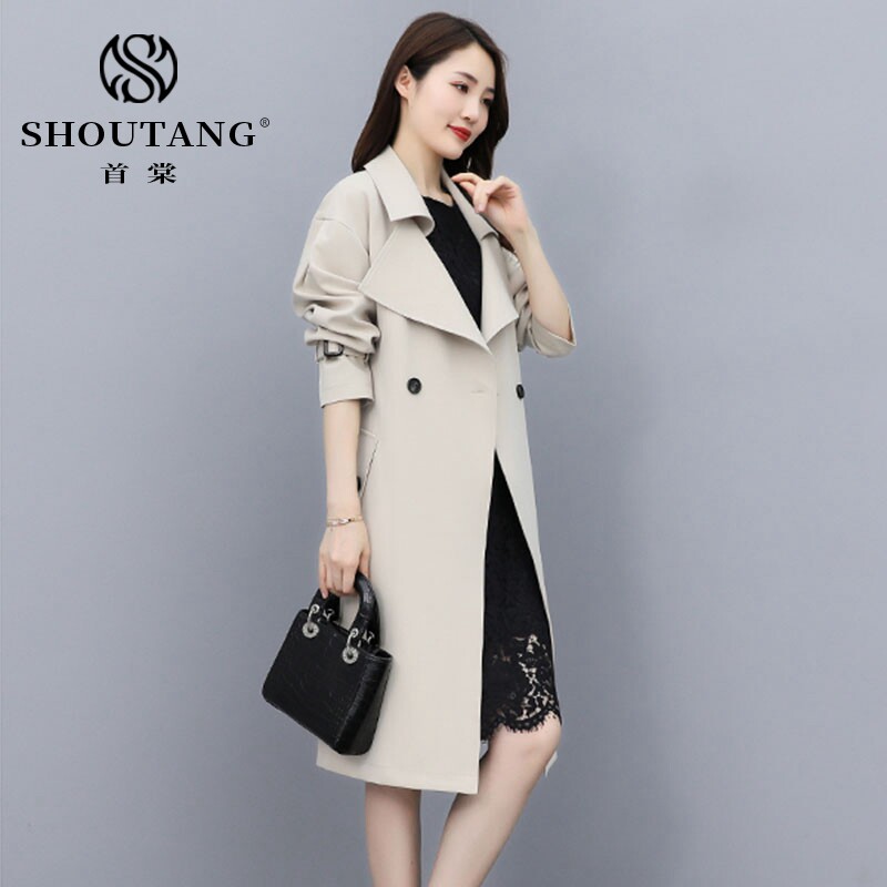Shoutang windbreaker women's mid-length version over the knee 2022 new spring and autumn British style casual temperament lace-up coat