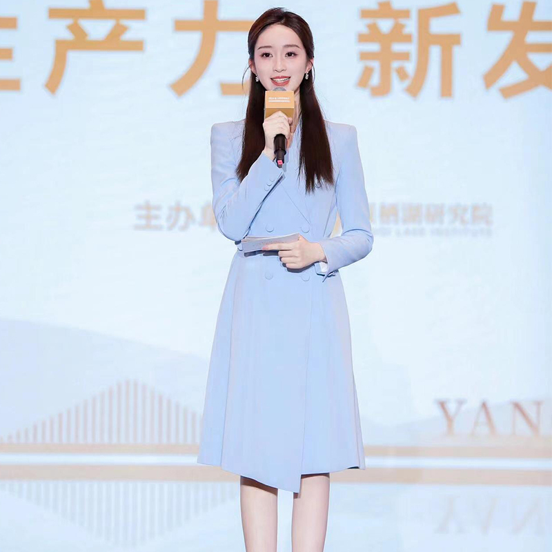 Haze Blue Suit Dress for Women, High-End Professional Style, Broadcasting and Art Exam Attire, Host On-Camera Formal Dress