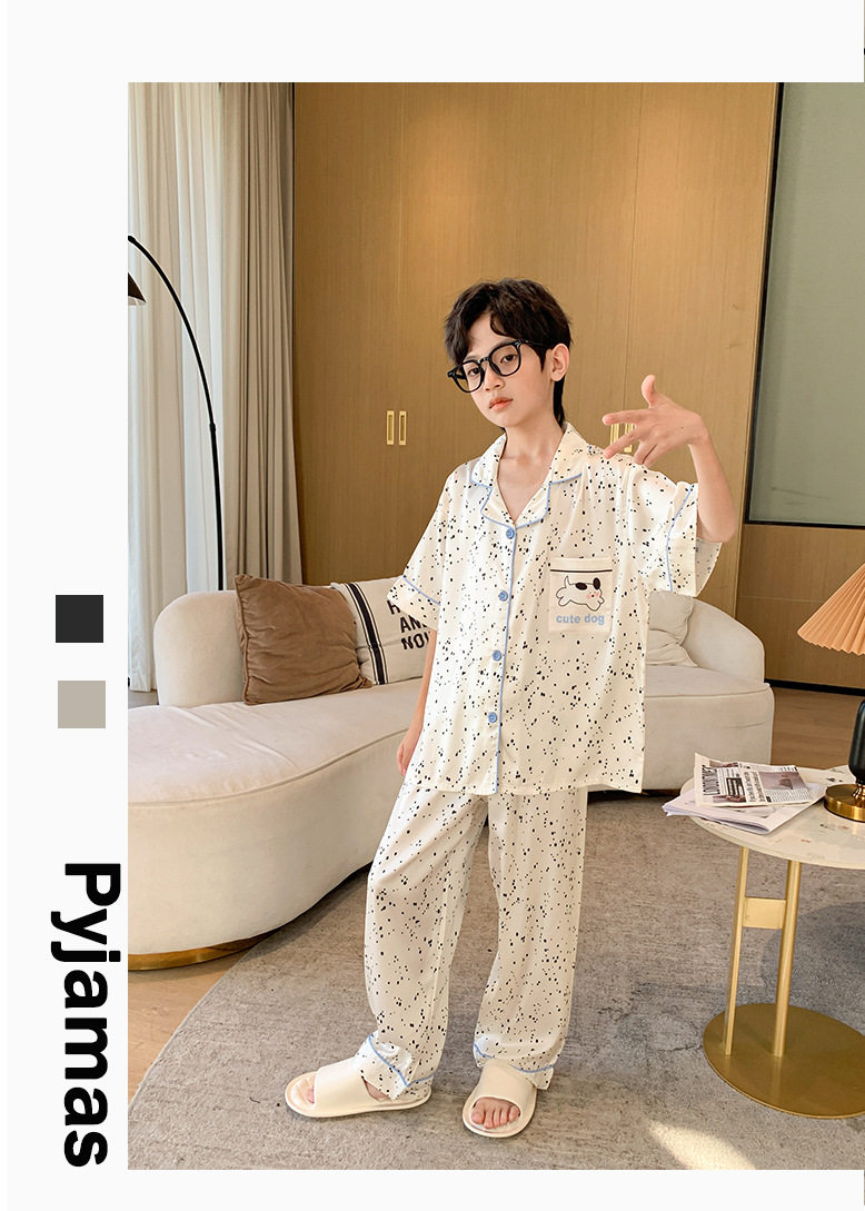 全棉纯棉冰丝睡衣男孩夏季短袖三件套中大童空调服2026新款家居服 — 26