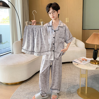 All-Cotton Pure Cotton Ice Silk Pajamas for Boys, Summer Short-Sleeve Three-Piece Set, Air-Conditioned Clothing for Older Children, 2026 New Model — 2