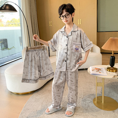 All-Cotton Pure Cotton Ice Silk Pajamas for Boys, Summer Short-Sleeve Three-Piece Set, Air-Conditioned Clothing for Older Children, 2026 New Model — 1