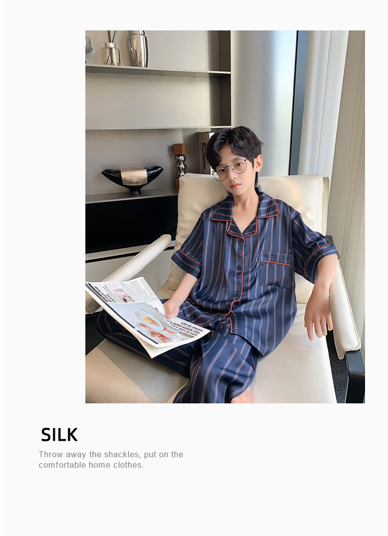 全棉纯棉冰丝睡衣男孩夏季短袖三件套中大童空调服2026新款家居服 — 37