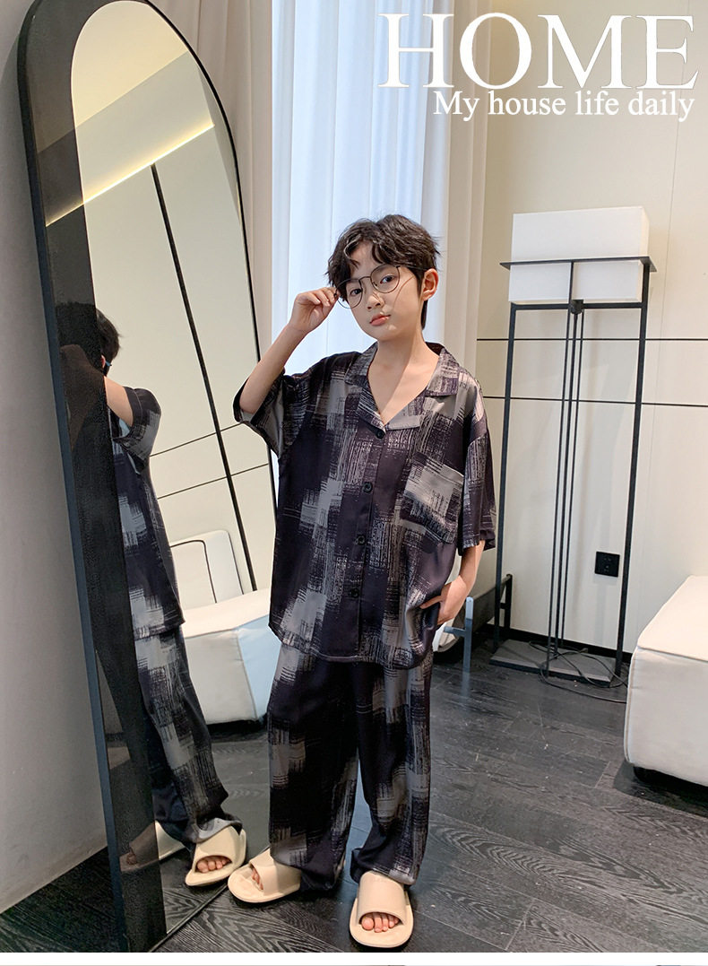 全棉纯棉冰丝睡衣男孩夏季短袖三件套中大童空调服2026新款家居服 — 31