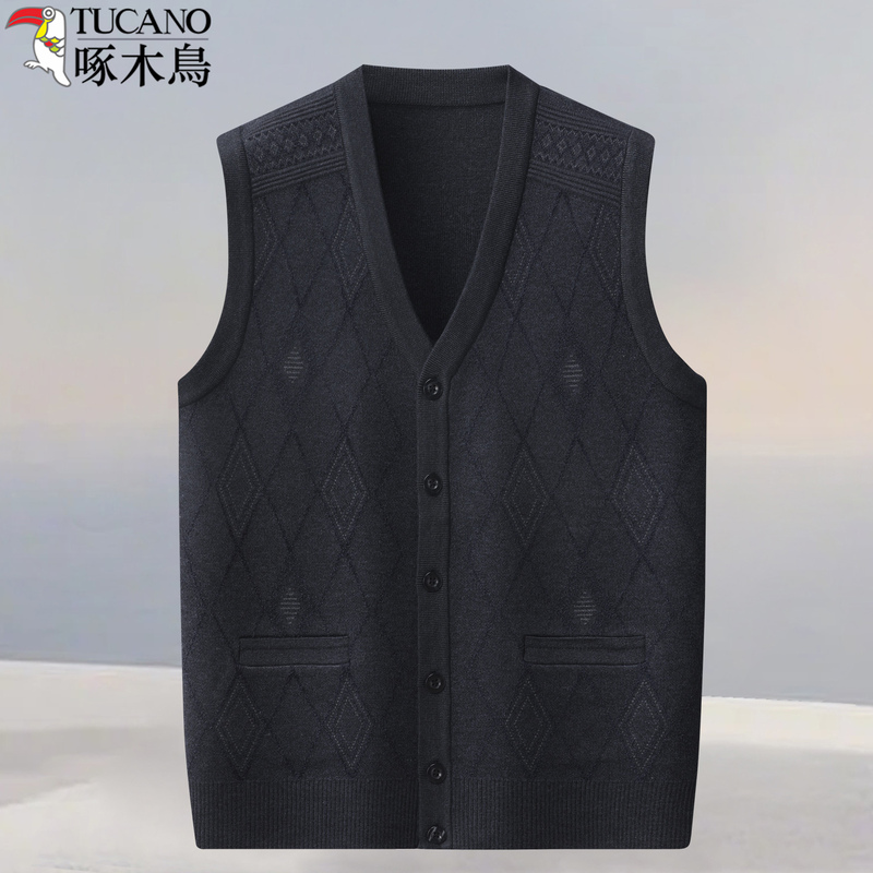 Woodpecker's New Spring and Autumn Knit Vest for Men, Sleeveless Cardigan for Grandfathers, Middle-Aged and Elderly Men's Outerwear