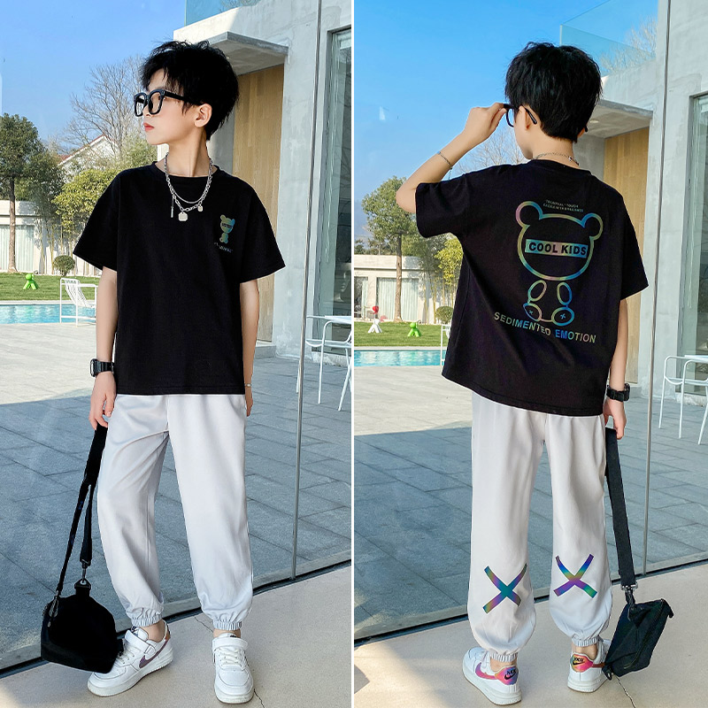 Boy's summer clothing suit 2022 new children CUHK Fairy Fry Street Light Thin Sports Short Sleeve Ice Silk Trousers Two Sets