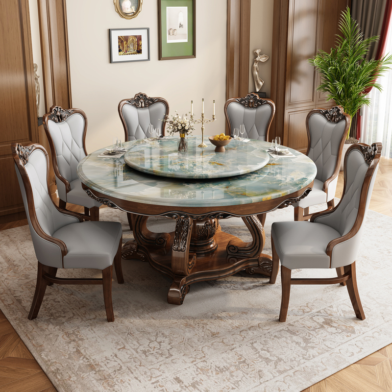 American-Style Solid Wood Carved High-End Marble Dining Table and Chair Set for Home Dining Room with Turntable 1.78m Dining Table