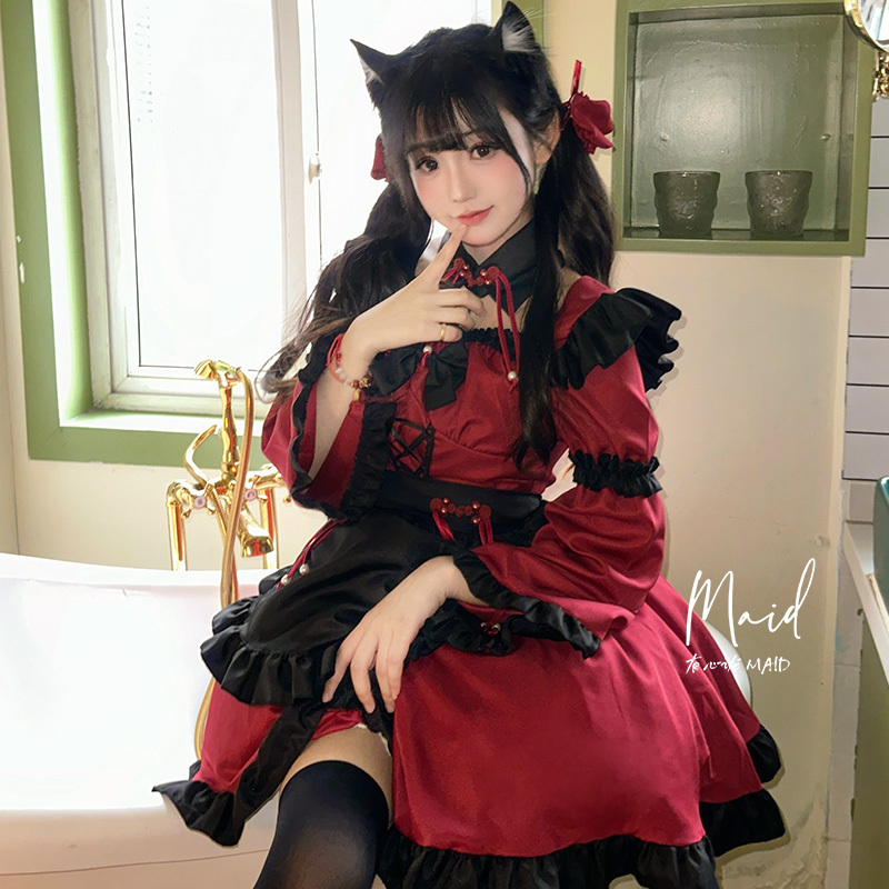 Heart-Warming Crimson Little Devil Maid Costume Cosplay Outfit Chinese Girl Lolita Halloween Plus Size Dress