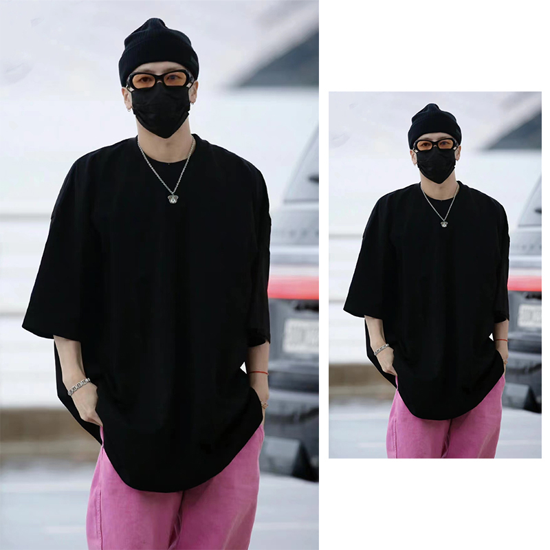 Jackson Wang Style Spring/Summer Black Loose Casual European and American Simple Short-Sleeve Unisex T-Shirt Top Trendy Solid Color Jackson Wang Style Spring/Summer Black Loose Casual European and American Simple Short-Sleeve Unisex T-Shirt Top Trendy Solid Color