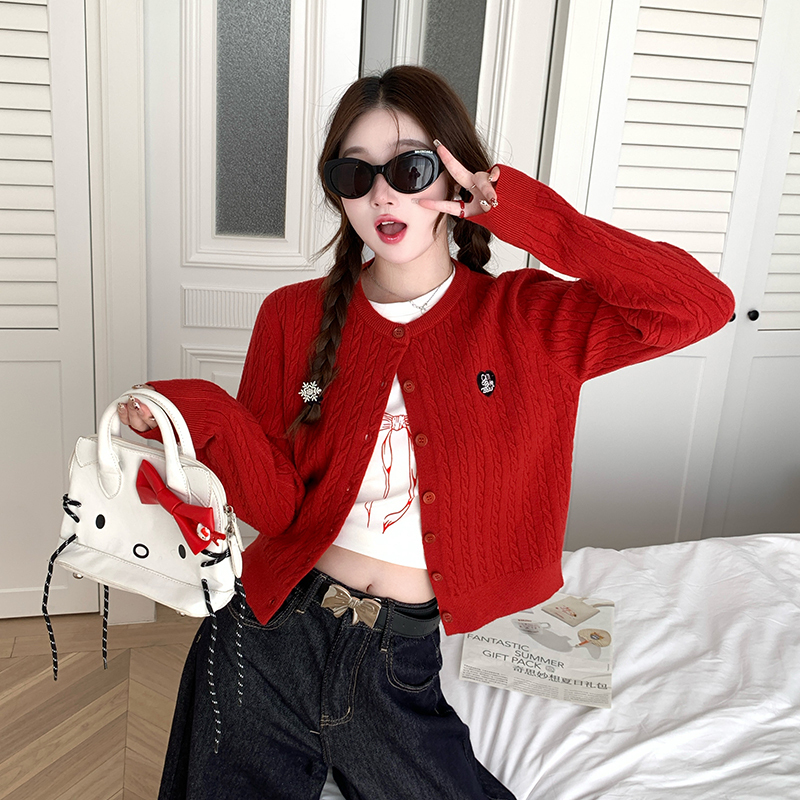 Anchor Red Knitted Cardigan Jacket for Women 2026 Spring New Twist Sweater with High-End Embroidery Outerwear Top