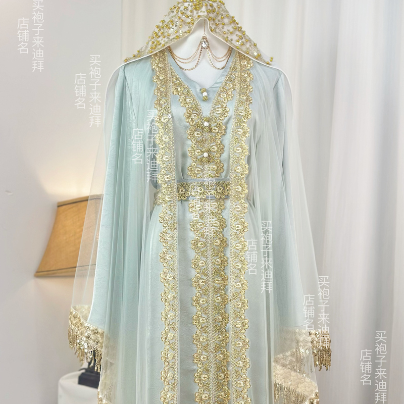 Exclusive Craftsmanship【Includes Headpiece】Xinjiang Hui Ethnic Exotic Desert Green Satin Gold Embroidered Cape Sheer Long Dress