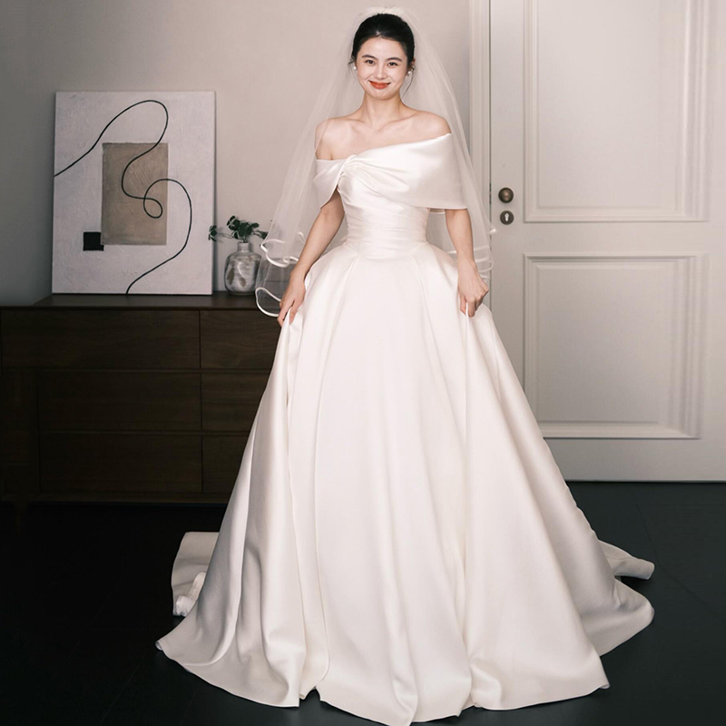 One-Shoulder Satin Light Wedding Dress, Simple Forest-Style Super Fairy Bridal Gown, Main Dress with French Train, Reception Dress