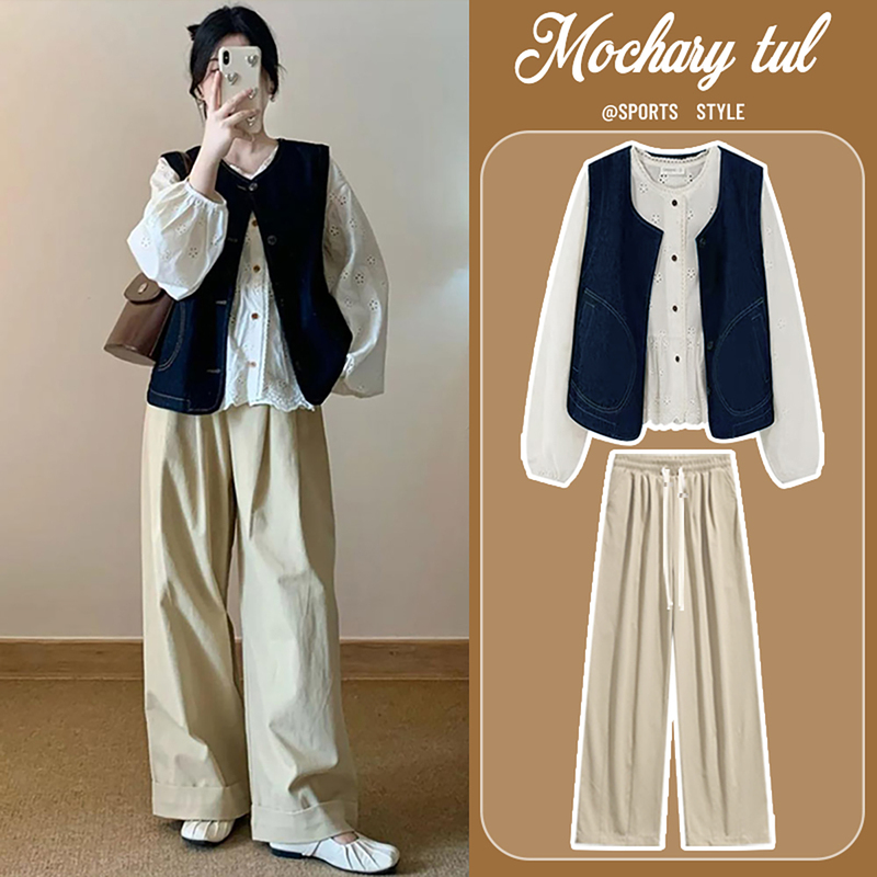 French Uamtor Maternity Autumn Outfit Set, Fashionable Casual Lazy Style, Belly-Covering Denim Vest, Hollow-Out Shirt Top French Uamtor Maternity Autumn Outfit Set, Fashionable Casual Lazy Style, Belly-Covering Denim Vest, Hollow-Out Shirt Top