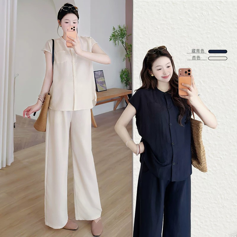 French Uamtor Maternity Set Summer 2026 New Old Money Style Linen Short-Sleeve Wide-Leg Pants Casual Two-Piece Set
