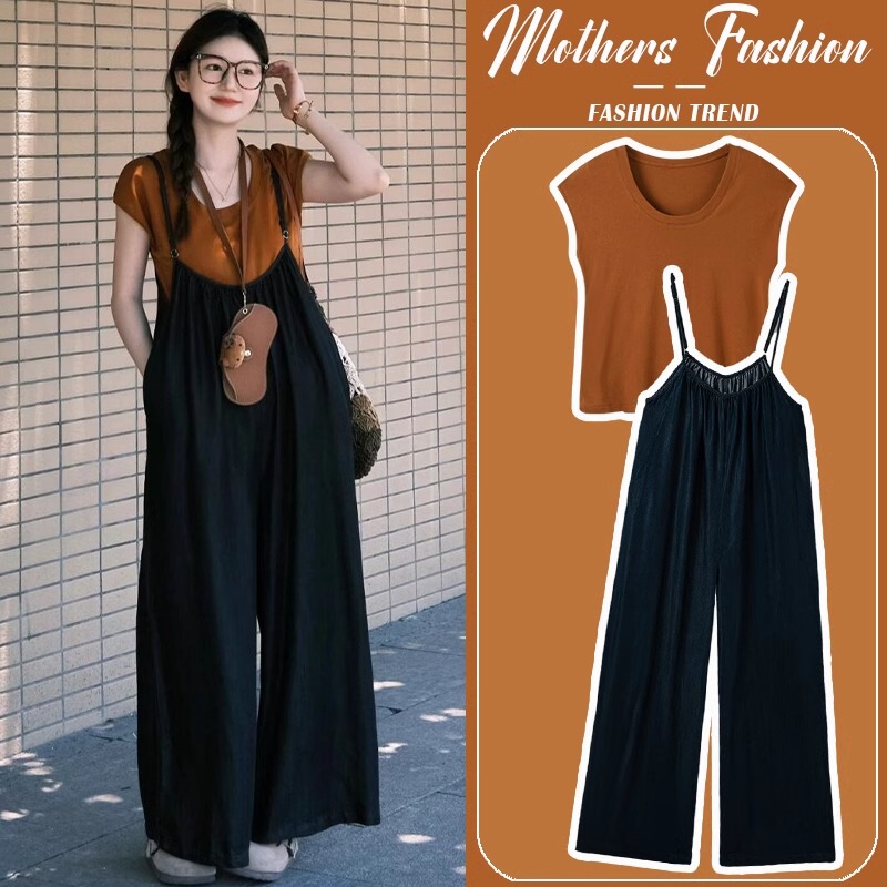 French Uamtor Maternity Suit Summer Korean Style Orange Round Neck Short-Sleeved Thin Loose Top Overalls Two-Piece Set