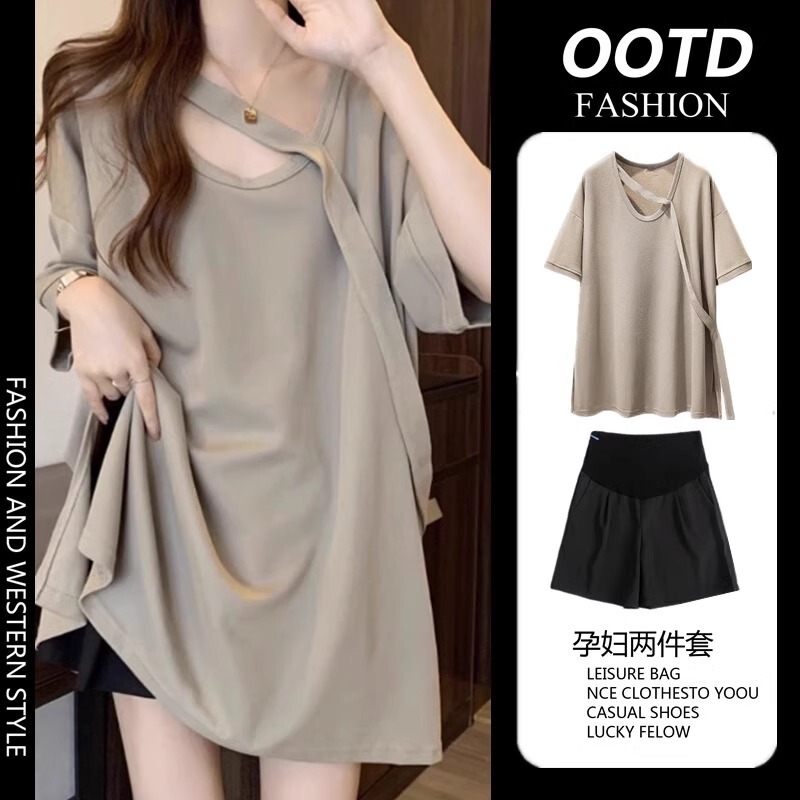 French Uamtor2026 Maternity Wear Summer New Style Loose and Slimming T-Shirt Short-Sleeved Top + Shorts Two-Piece Set