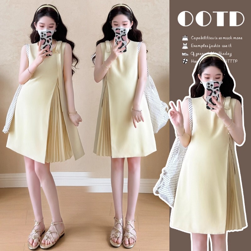 French Uamtor Maternity Dress Summer 2026 New Style Chick Yellow Sweet Youthful Patchwork Pleated Slimming Dress