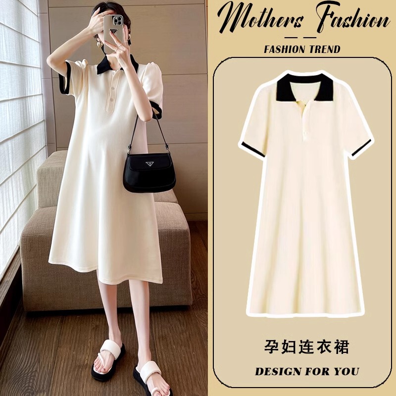 French Uamtor Maternity Dress Summer 2026 New Style Apricot Color Polo Collar Mid-Length Loose Slimming Hot Mom Style