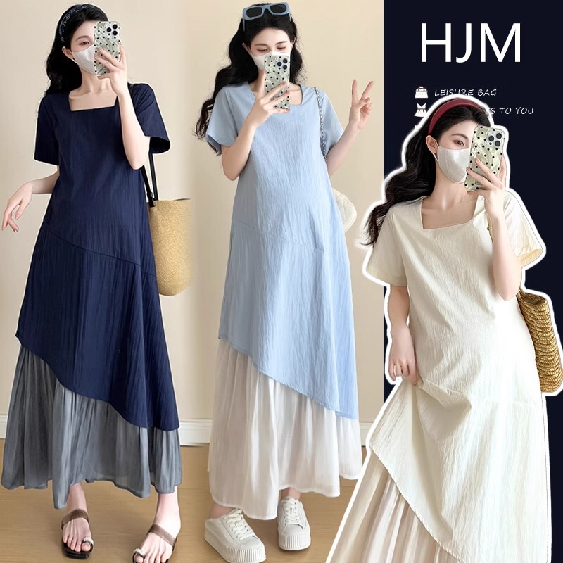 French Uamtor Maternity Dress 2026 Summer New Style Square Neck Fashionable and Elegant Slimming Maternity Dress Fake Two-Piece Dress
