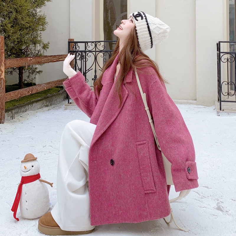 French Uamtor Maternity Cashmere Coat Winter Rose Pink Age-Reducing Elegant Thick Woolen Blazer