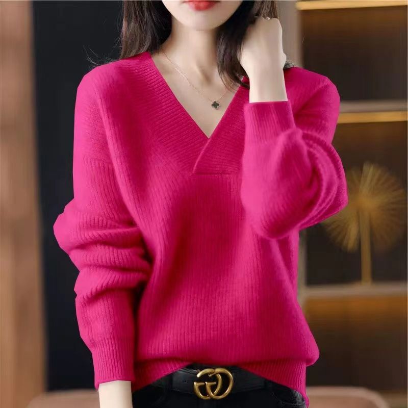 2025 Autumn/Winter New Solid Color V-Neck Knit Sweater for Women, Loose Fit, Slimming Knit Pullover, Thickened Sweater for Women 2025 Autumn/Winter New Solid Color V-Neck Knit Sweater for Women, Loose Fit, Slimming Knit Pullover, Thickened Sweater for Women